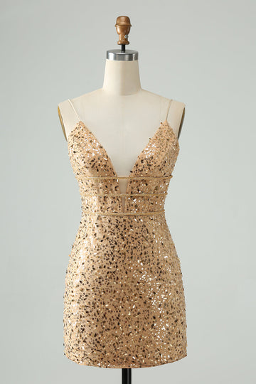 Vestido de cóctel corto con tirantes finos ajustado dorado brillante y lentejuelas